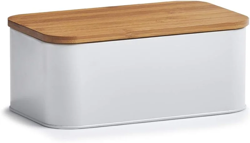 Zeller Present 25370 Bread Bin with Lid Bamboo / Metal Matt White