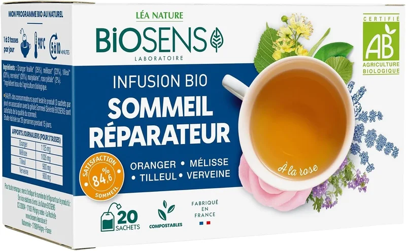 Biosens Restorative Sleep Infusion - Orange, Lemon Balm, Lime and Verbena - Made in France - 20 Bags