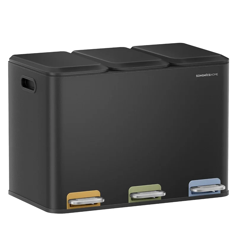 SONGMICS HOME LTB740B02V1 Triple Kitchen Recycling Bin 3 x 15 L with Colour Pedals, Waste Separation System, with Lids and Inner Buckets, Steel, Ink Black