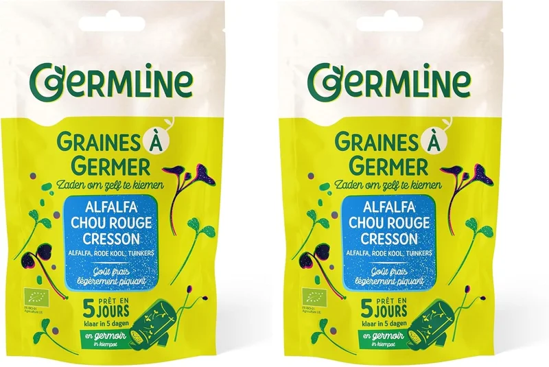 GERM'LINE - Alfalfa Sprouting Seeds, Watercress & Organic Red Cabbage | Rich in Protein & Fiber | Easy to Grow | Bag 150g | Made in France (Pack of 2)