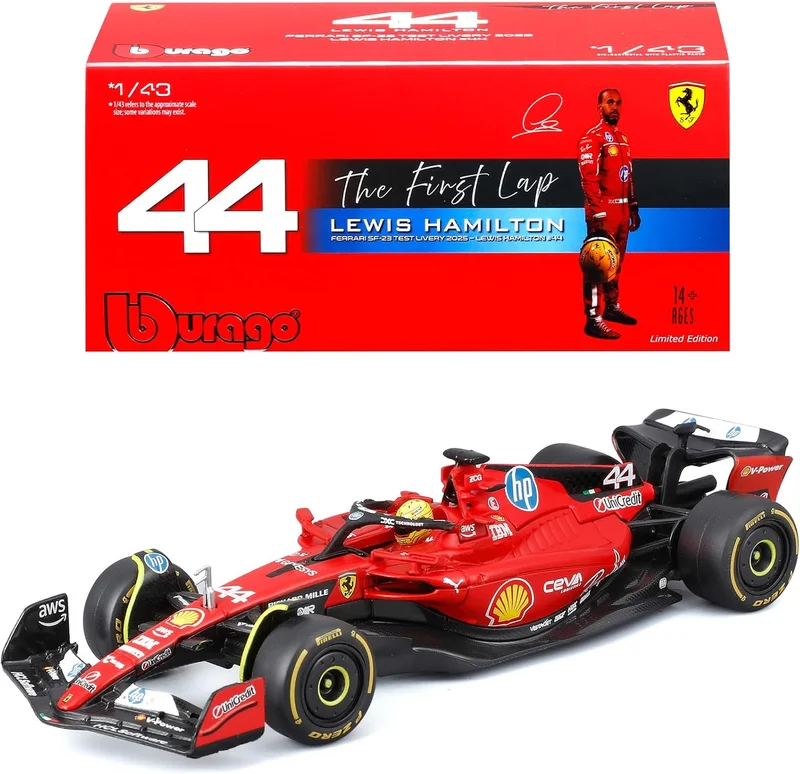 Bburago - Ferrari SF-23 Test Fiorano Lewis Hamilton, Diecast car in scale 1:43, detailed replica of the Official First Test 2025, issue 44, showcase, Ferrari license, age 14+
