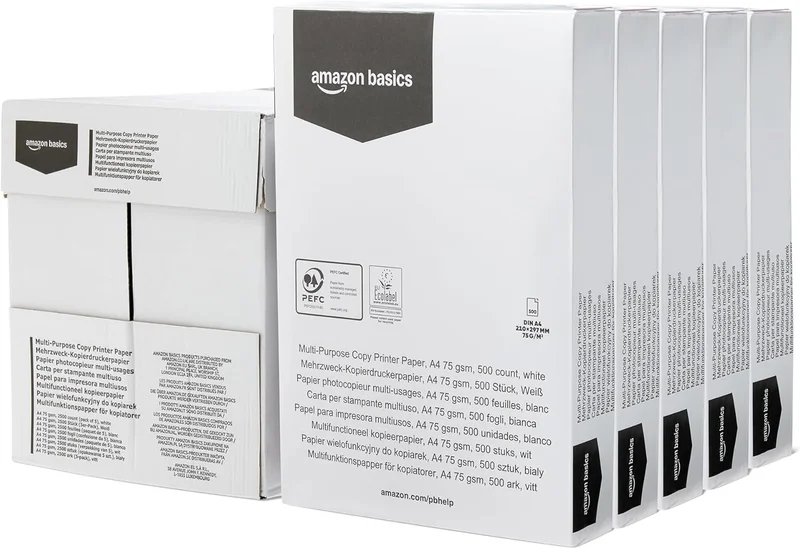 Amazon Basics Multifunctional Printer Paper, A4 75 g/m², 5 Reams of 500 Sheets, White