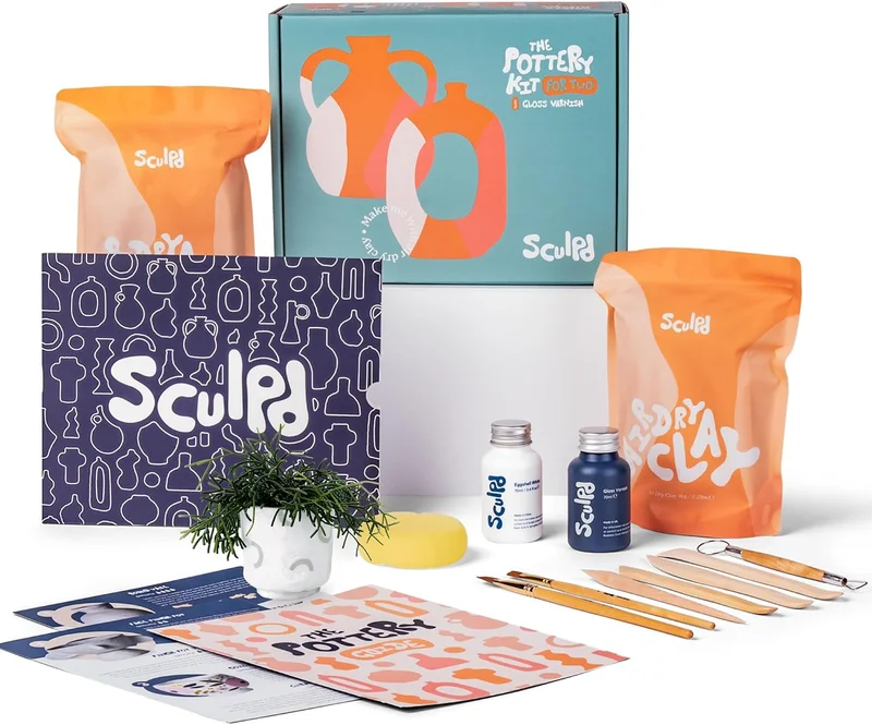 Sculpd │ Pottery Kit │ Self-Hardening Clay Starter Kit for Beginners with Matte Varnish, Paint, Tool Set, Brushes, Sponge and Step by Step Guide