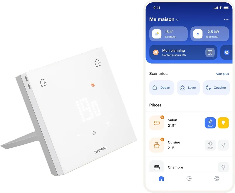 Netatmo Original Connected Thermostat for Individual Heating – Wireless/Wired Installation Pack, Support Included, Energy Saving, Matter Compatible (Alexa, Google, Apple), WiFi 2.4GHz-ETP-AMZ