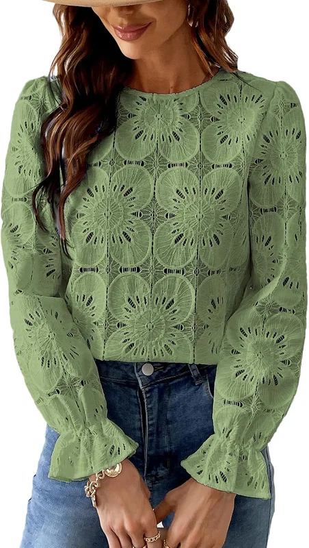 CUPSHE Chemisier Femme Chic en Dentelle Coton Guipure Haut Manches Longues Évasées T-Shirt Ajouré Motif Floral Élégant Blouse Bohème Vintage