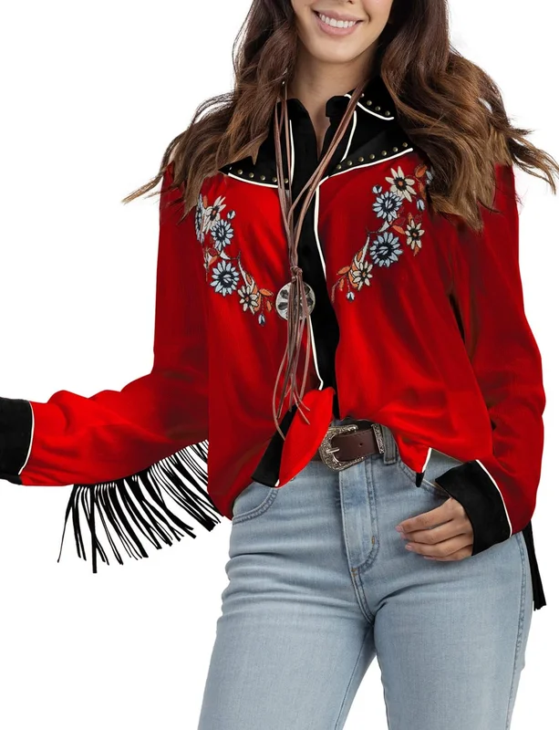 JOHN MOON Women's Western Long Sleeve Embroidered Shirts Casual Retro Collar