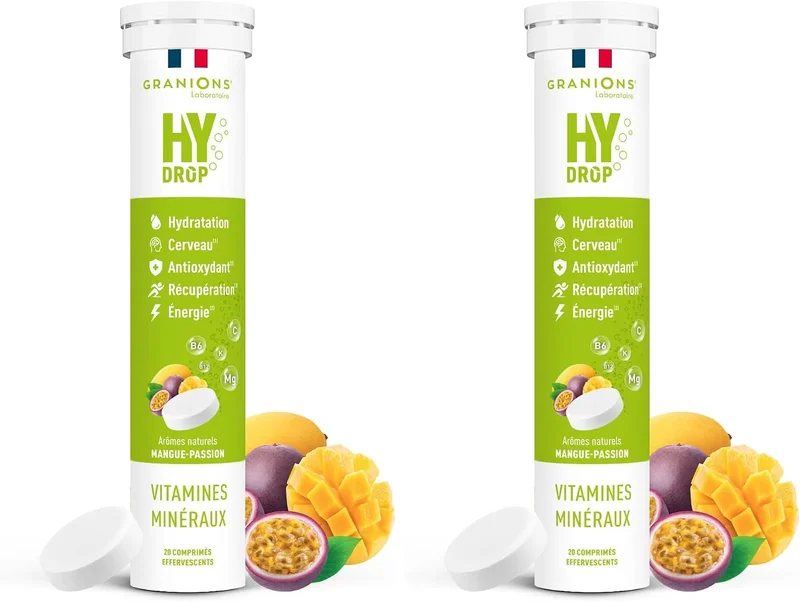 GRANIONS HYDROP Hydration Lozenges Mango/Passion Sugar Free - Made in France - Electrolytes - Vitamins, Minerals, Magnesium - Hydration Tablets - 20 Effervescent Tablets