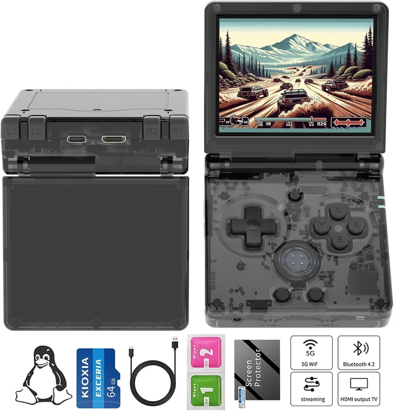 RG35XXSP Portable Game Console RG35XX SP Clamshell Retro Game Console with TF Card 64G Preloaded Games 5532 Portable Game Console with 3.5" Screen 3300mAh Battery 5G WiFi Bluetooth HD Black