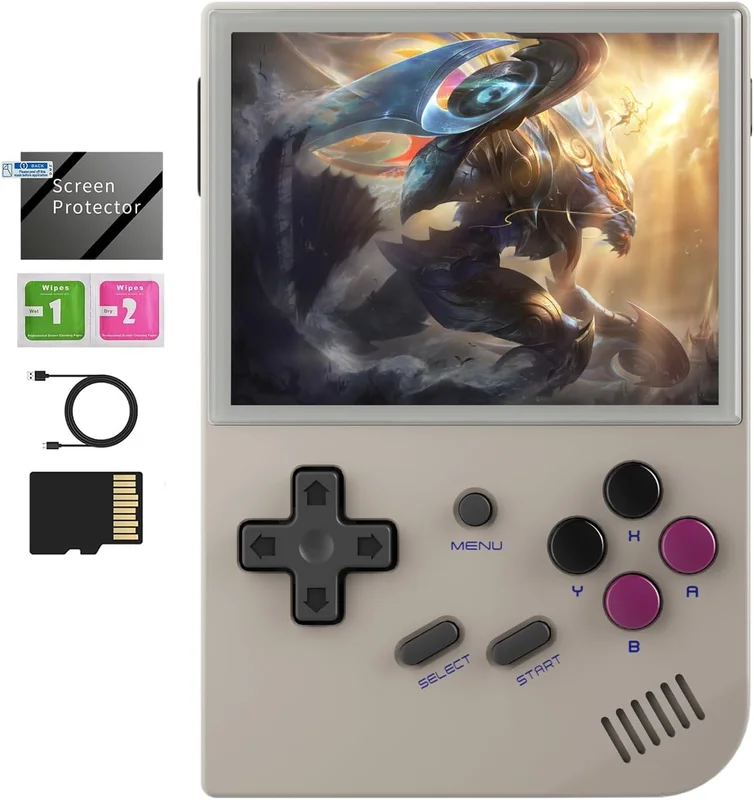 RG35XX Console de jeu rétro 2024 avec carte de 64 Go rg35xx Écran IPS 3,5" Système Linux, émulateur classique, console de jeu portable, prise en charge de sortie TV HDMI, gris