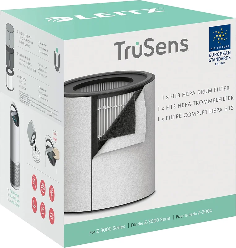 Leitz TruSens H13 3-in-1 HEPA Filter Replacement for TruSens Z-3000 Air Purifier - Removes Virus, Allergens, Pet Hair, VOCs, Dust, Bacteria, Odours, Smoke, Grey/Black 2415143