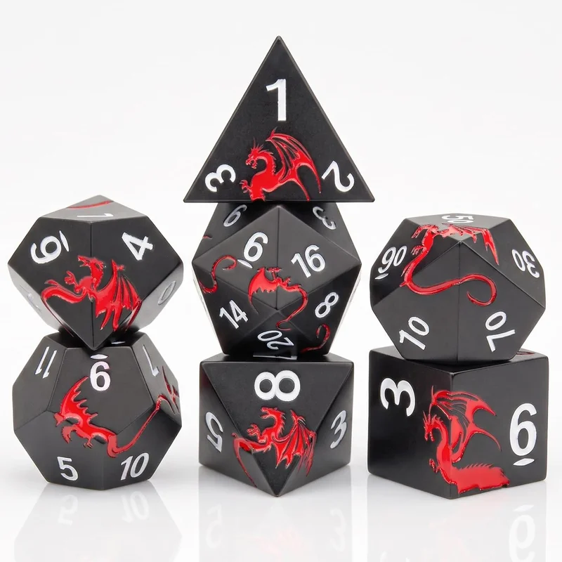 Metal JDR Dice Set, 7pcs Zinc Alloy DND Polyhedral Dice with Dragon 3D and Magnetic Gift Box for Tabletop Role Playing (Black Red)