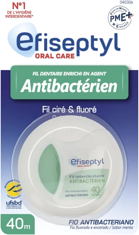Efiseptyl - Fil Interdentaire Antibactérien - Goût Menthe - Enrichi En Agent Antibactérien - Nettoyage 360° - Bobine De 40m