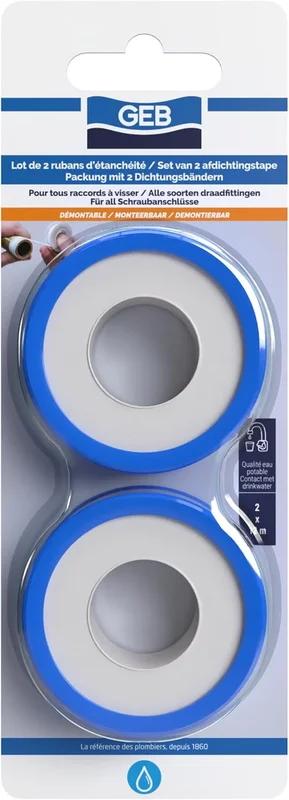GEB PTFE Sealing Tape, 12 m x 12 mm for Sealing Threaded Connections, Drinking Water Compatible, White (Pack of 2)