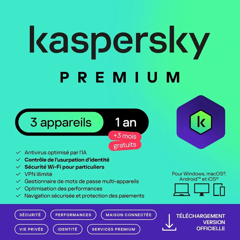 Kaspersky Premium Total Security 2026 | 3 appareils | 1 An +3 Mois Gratuits | Anti-Phishing et Pare-feu | VPN illimité | Gestionnaire de mots de passe | Contrôle Parental | PC/Mac/Mobile | Par email