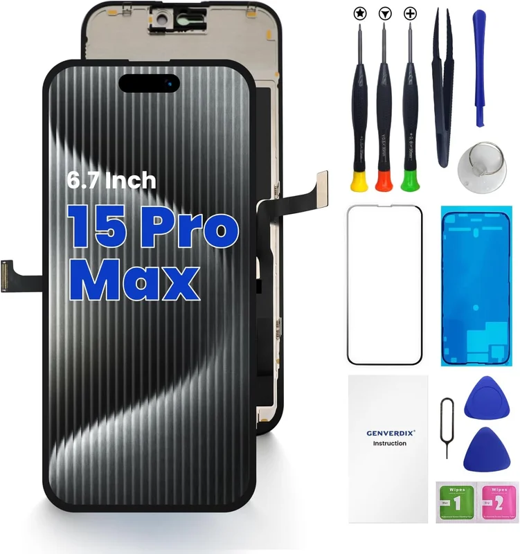 Écran pour iPhone 15 Pro Max - 6.7 Pouce FHD Kit Réparation Écran DIY, Entièrement Compatible avec Face ID, Couleurs Vives, Haute Définition, Livré avec Les Outils d'Installation