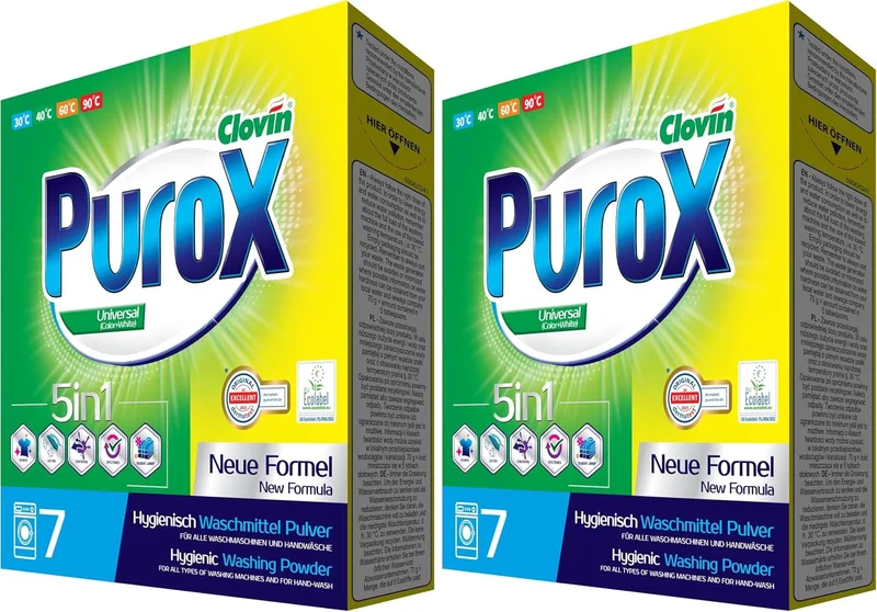Lessive en poudre PUROX COLOR&WHITE (7 WL) en boîte, lessive antibactérienne 490 g (Lot de 2)