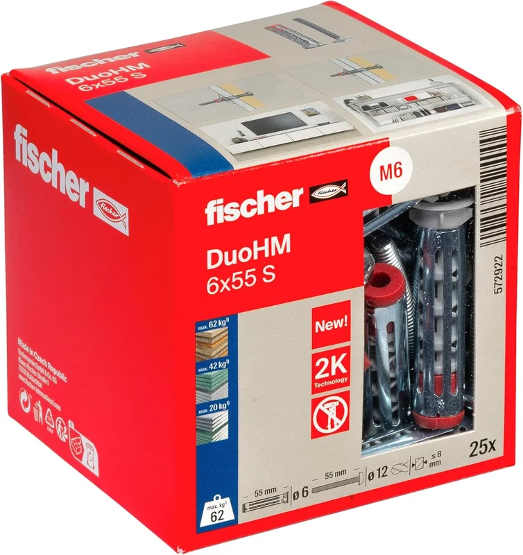 fischer - DuoHM 6 x 55 Bi-Material Dowel for Hollow Body, with Cylindrical Head Screw, PZ Imprint, Box of 25