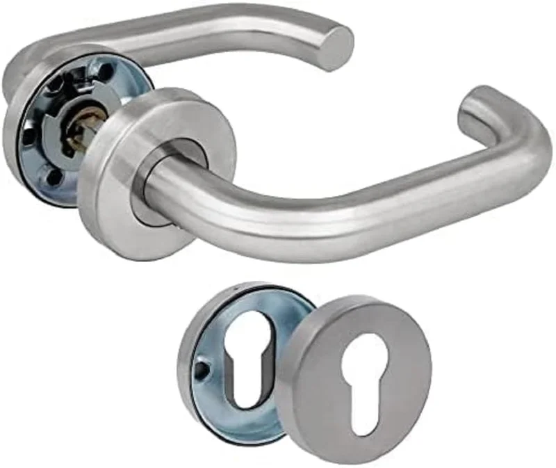Amig - Jeu de poignées avec rosette pour portes | Mod. 3RBX | 140 x Ø19 mm | Carré de 8 mm | Design élégant et simple | Acier inoxydable argenté mat