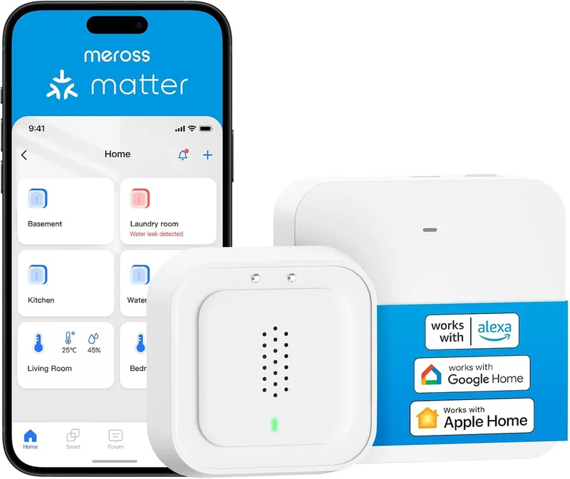 Meross Matter Water Leak Detector Connected with MSH450, 100dB Alarm