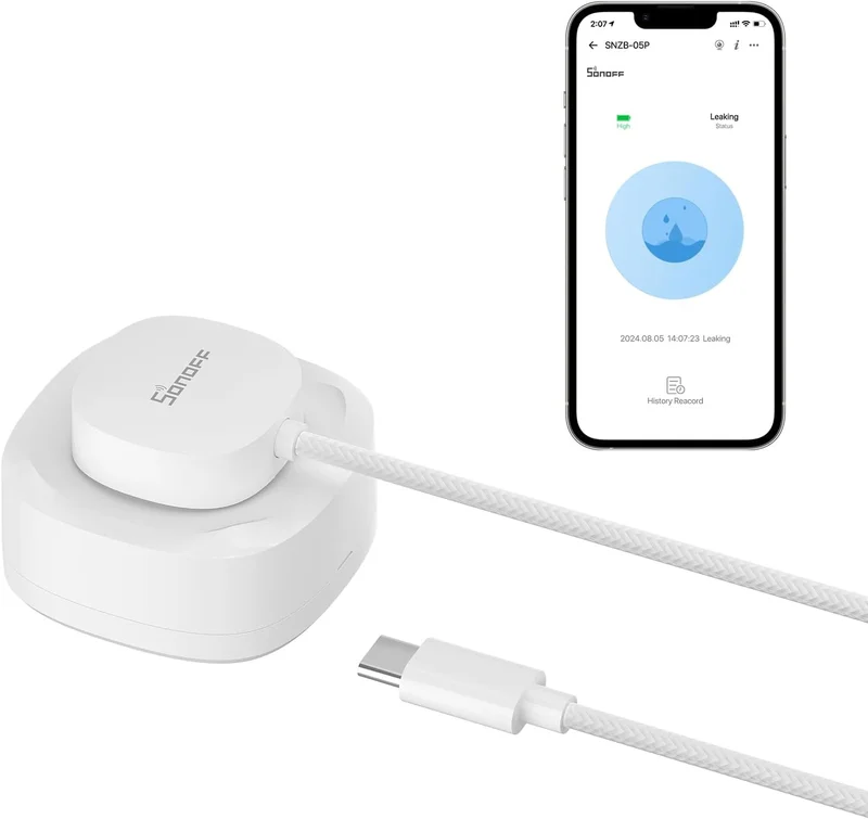 SONOFF SNZB-05P ZigBee Water Leak Detector with Detection Cable, Wireless Smart Alarms for Kitchen, Bathroom, Basement, IP67 Waterproof, ZigBee Bridge Required, Batteries Includeda