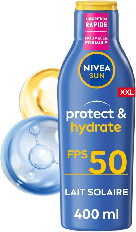 NIVEA SUN Lait Solaire Protect & Hydrate SPF 50+ 400 ml - Crème Solaire résistante à l'eau - Protège et Hydrate - Format XXL - Haute Protection Visage et Corps