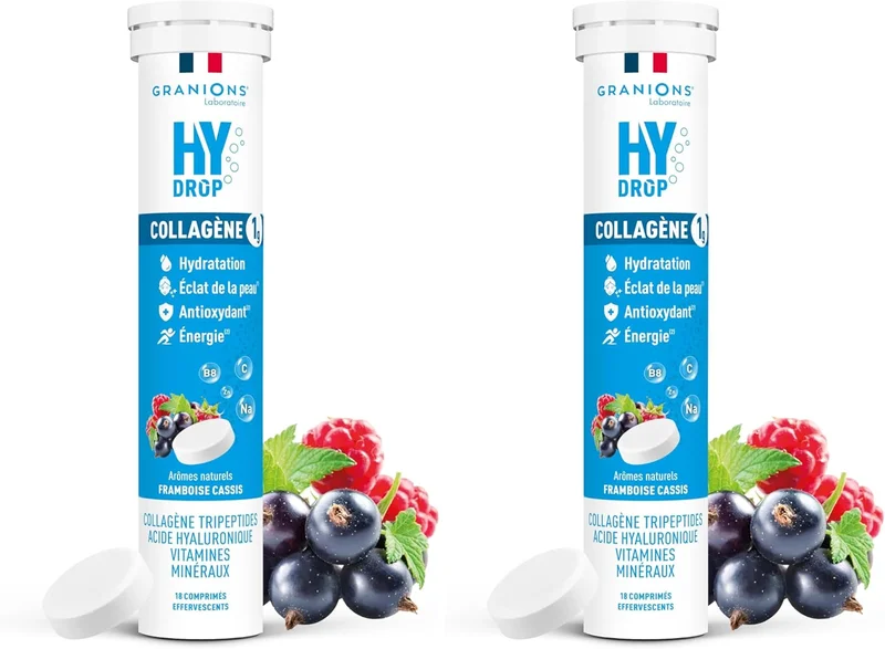 GRANIONS HYDROP Hydration Tablets - Raspberry/Blackcurrant - Sugar Free - Enriched with Collagen - Made in France - Electrolytes Hydration - Vitamins, Minerals - 18 Effervescent Tablets