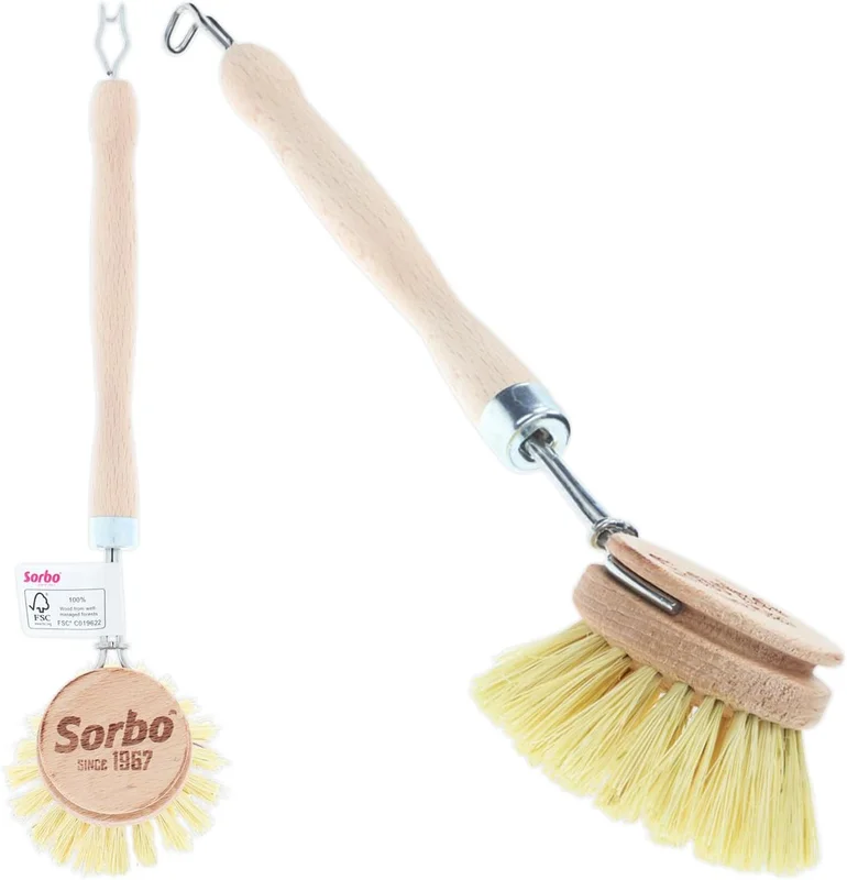 Sorbo Brosse à Vaisselle en Bois FSC, Fibres de Tampico Naturelles et Crochet de Suspension - Brosse pour Vaisselle Robuste au Manche Ergonomique