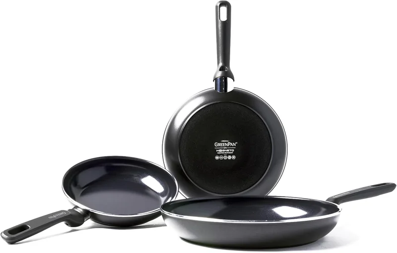 GreenPan Pans Set - 100 Percent PFOA/PFA Free - Healthy Ceramic Non-Stick Coating - For Induction/Oven/Dishwasher - 3 Pieces, Black, 20/24/28 cm Frying Pan Set