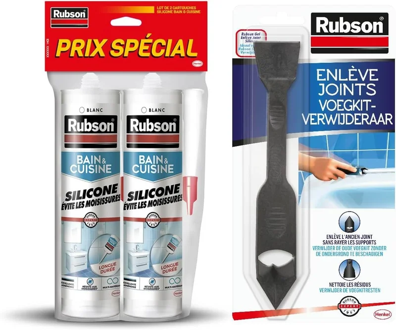Rubson Bain&Cuisine, 2 Cartouches Silicone 280ml + Retire joint, Blanc