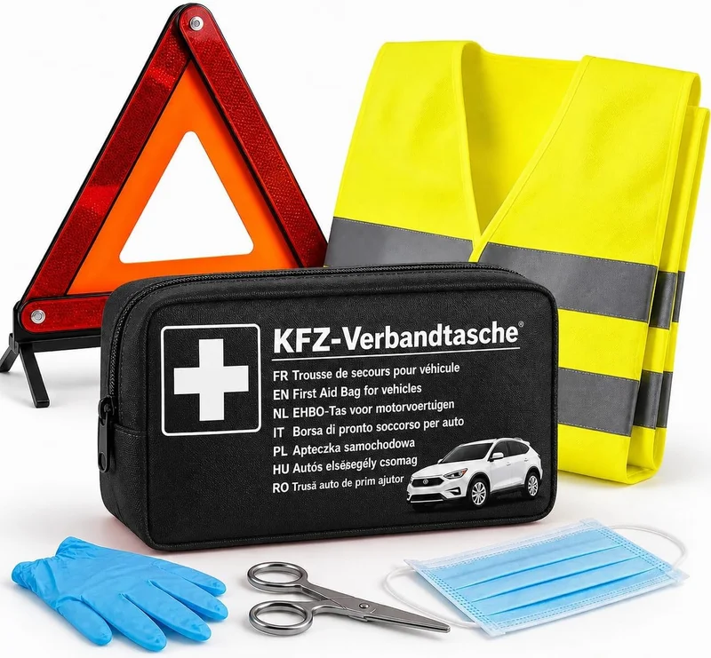 Kit de dépannage automobile 3 en 1 testé 2025 et accessoires de voiture - trousse de premiers secours pour voiture avec trousse de premiers secours, gilet de sécurité et triangle de signalisation pour