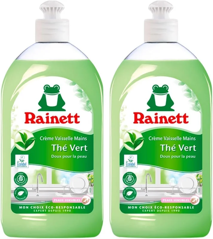 RAINETT - Dishwashing Liquid - Hypoallergenic Formula - Protects Sensitive Skin - Recycled & Recyclable Bottle - Ecolabel - Green Tea - 500 ml (Pack of 2)