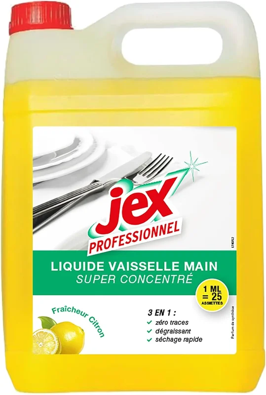 JEX - Lemon Scent Washing Up Liquid - 3 in 1 Action Degreasing, Zero Streaks, Quick Drying - Ultra-Concentrated Formula - Made in France - 5 Litres