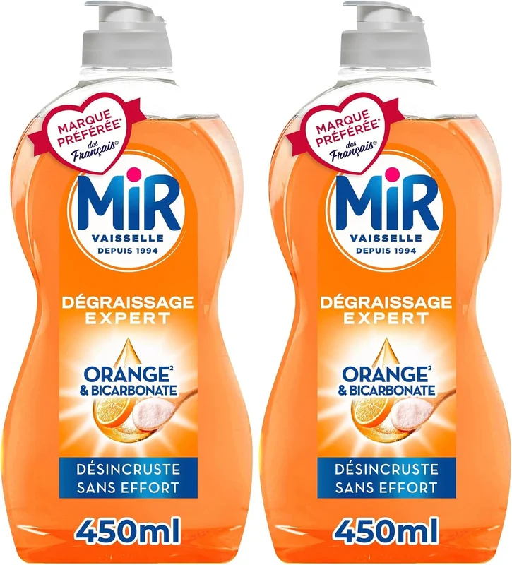 Mir Tableware – Bicarbonate & Orange – Expert Degreasing – Effective Cold – Baking Soda – No Preservatives – No Allergens Fragrance – French Favourite Brand – 450 ml Bottle