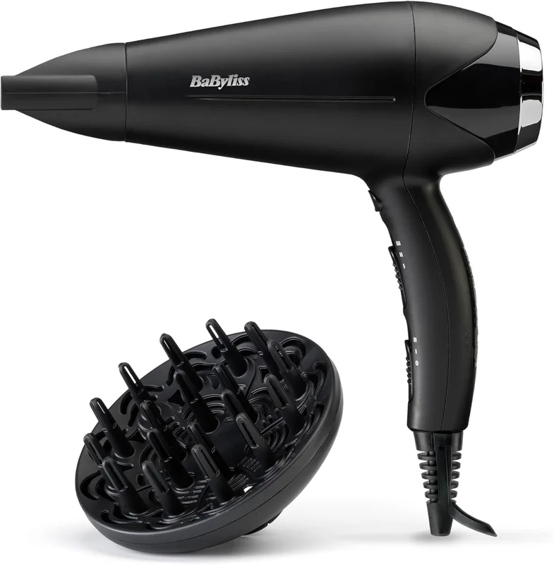 BaByliss Turbo Smooth Hair Dryer - Powerful 2200W Hair Dryer, Wide Diffuser, Anti-Frizz Ion Technology, 3 Temperature Settings and 2 Speed Settings, Black, D572DE
