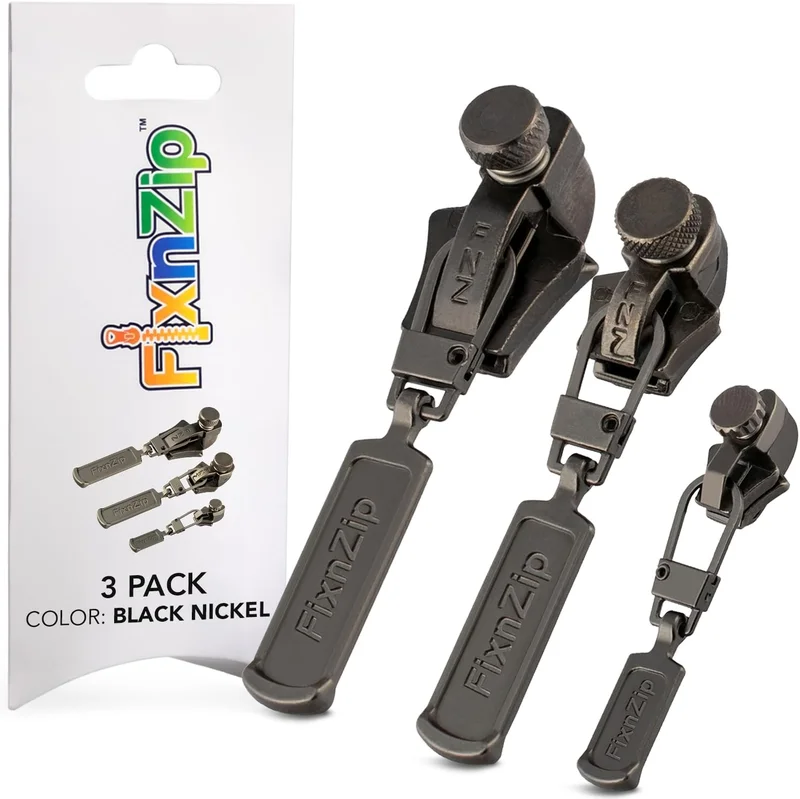 FixnZip Small Medium Large Black Nickel Replacement Zipper Slider Zipper Pull 3 Pack