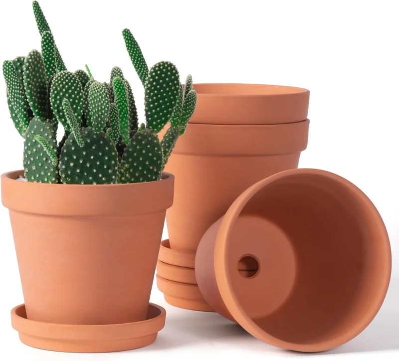 4 Pack Clay Terracotta Flower Pots with Saucer, Medium Flower Pot with Drainage Hole, Terracotta Flower Pot with Tray for Indoor and Outdoor 6 in
