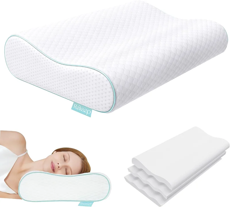 Releep Ergonomic Cervical Pillow, Height Adjustable, Firm Memory Foam Pillow, Pillows Suitable for Side Sleeping, Washable and Breathable Cover for Sleeping Comfort, 60 x 35 cm
