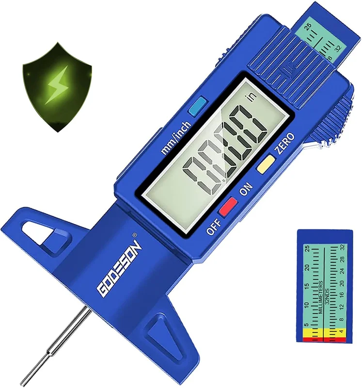 GODESON Blue Digital Depth Gauge 0-25.4 mm Large LCD Display Tread Tread Measuring Tool for Car, Truck, Motorcycle
