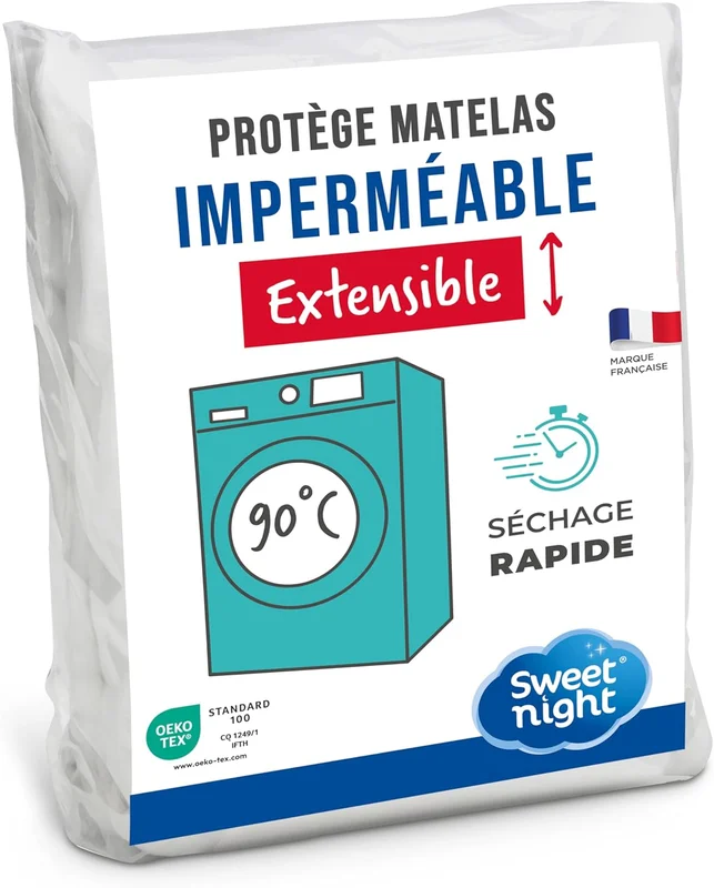 SWEET NIGHT - Waterproof mattress protector 140 x 190 cm - Mattress protector machine washable at 194°C - Breathable & quiet - Fitted sheet shape 27 cm - Oeko-Tex certified