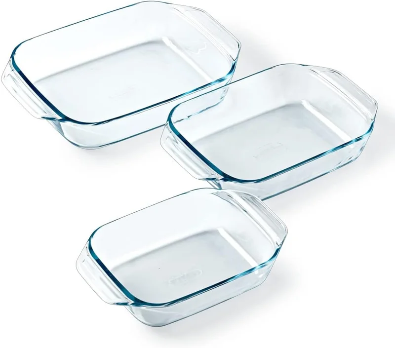 Pyrex - Set of 3 Rectangular Oven Dishes - Ideal for 2 to 6 People - 3 Sizes - Borosilicate Glass - Wide Handles - Extreme Resistance - Dishwasher Safe - Made in France