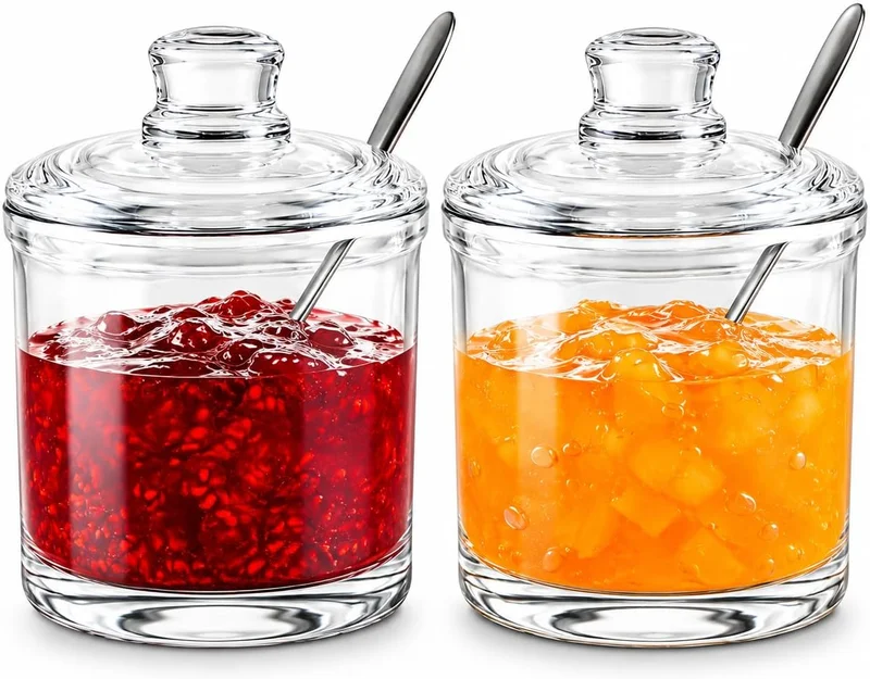 Sendez 200ml Glass Jam Jar with Lid and Stainless Steel Spoon - Honey Jar, Parmesan and Spice Jar - Set of 2