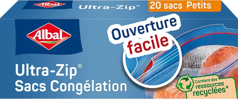 Albal Sacs CONGELATION ULTRA ZIP petits modèles 1 L, 70% de ressources recyclées, Triple épaisseur, Ouverture facile, Fermeture à zip hermétique, Application Food Saver, 17 x 17 cm