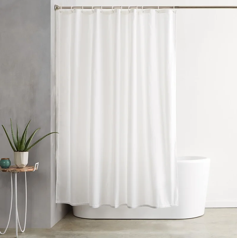 Amazon Basics Shower Curtain Water Resistant and Mould Resistant Fabric Bath Curtain with Grommets and Hooks, Machine Washable, 72x78 Inch, White