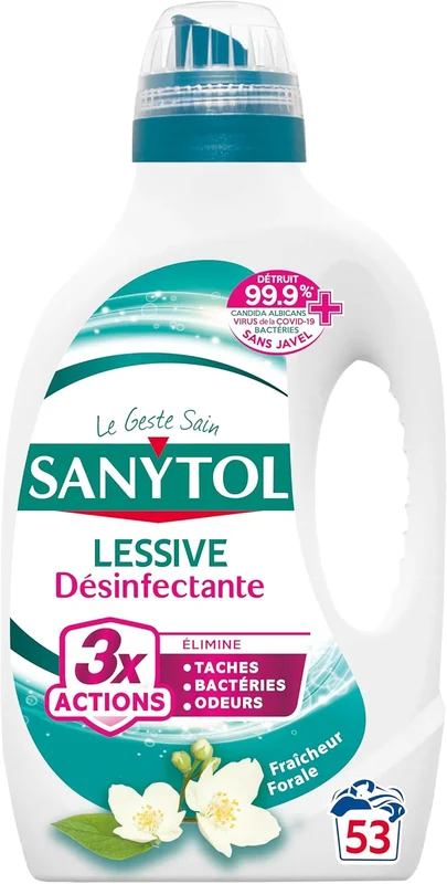 Sanytol - Disinfectant detergent - White flowers - 2.65 L - All types of linen, preserves fibres and colours at all temperatures - Bactericide, Virucidal - No Bleach