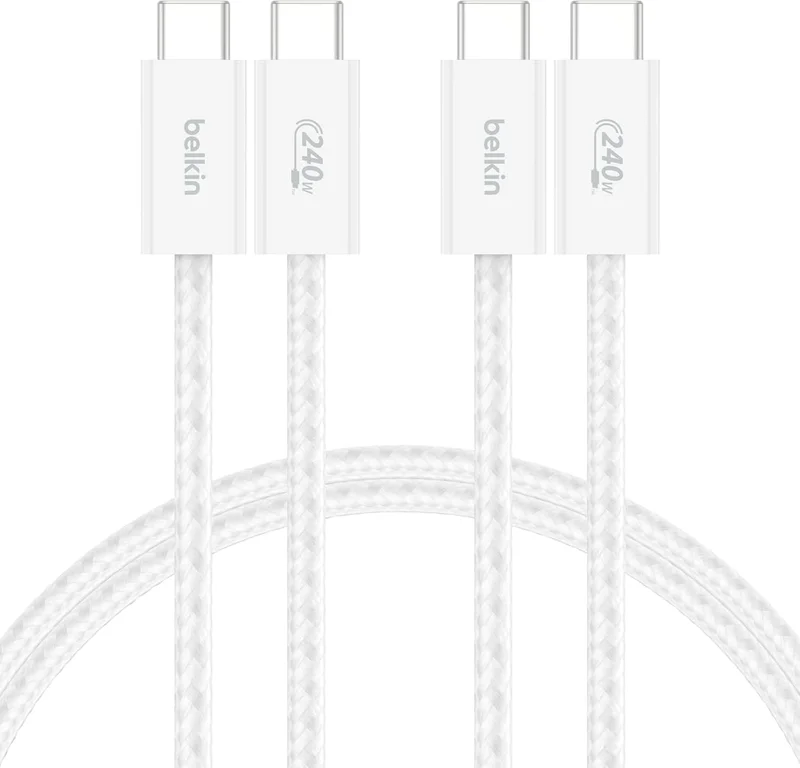 Belkin Pack de 2 Câbles USB-C vers USB-C avec gaine tressée (1,5 m, 240 W, doux au toucher, souple, recharge rapide, pour iPhone 17 et iPhone 16, Galaxy S25, Pixel 10, iPad Pro, etc., blanc)