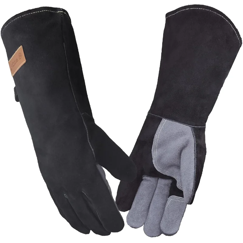 WZQH 40 CM, Gants Anti Chaleur de Barbecue En Cuir,Noir-Gris,L