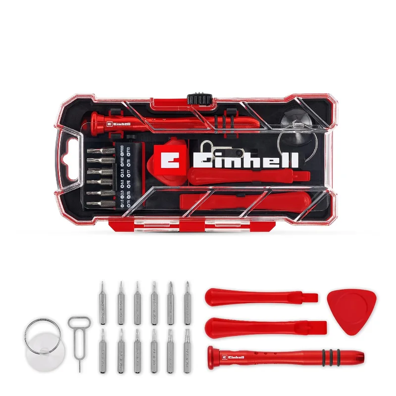 Original Einhell Smartphone Repair Kit 18 pcs LS (12 CR-V Bits, Screwdriver, Opening Tools, Suction Cup, for Electronics)