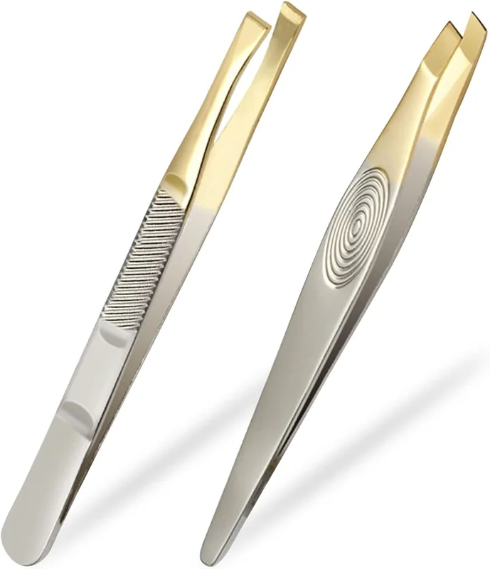 Sularpek Professional Stainless Steel Tweezers with Crab Tip for Eyebrows, Ingrown Hair, Beard Hair, Gold (Pack of 2)
