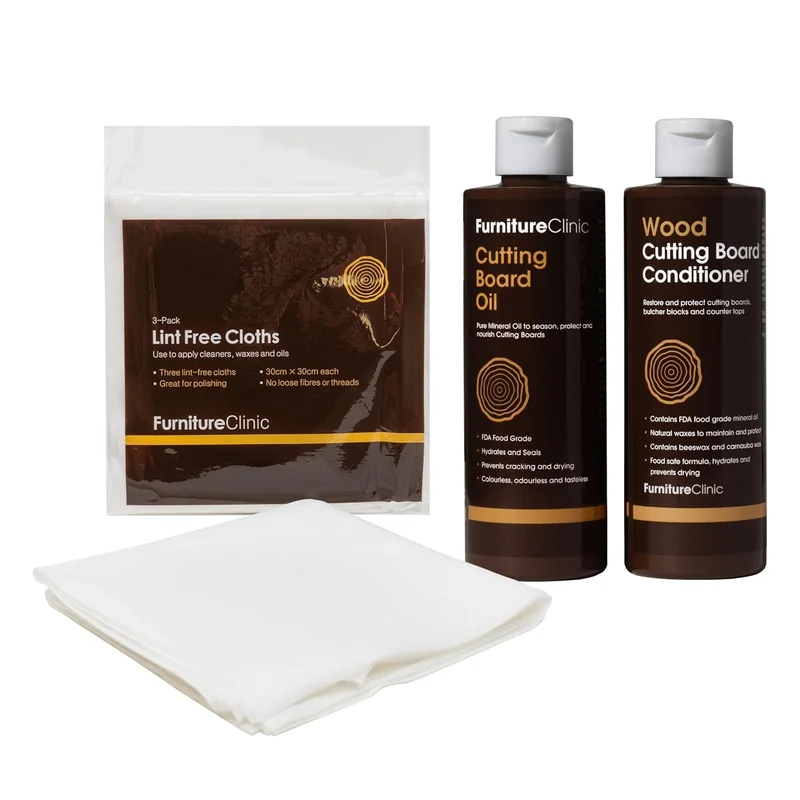 Kit Entretien Planche à Découper - Nettoie, Entretient, Protège et Répare - Contient : Huile Planche à Découper 250 ml, Conditionneur Planche à Découper 250 ml & Chiffons Non Pelucheux