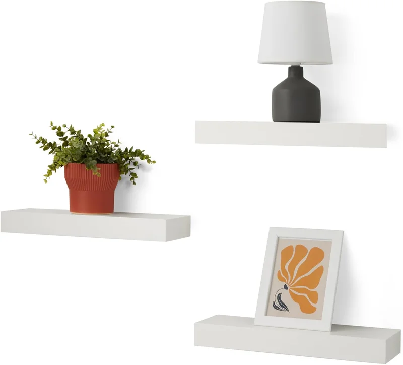 Amazon Basics Set of 3 Wooden Floating Wall Shelves, White, 40.2 x 5 x 4.5 cm